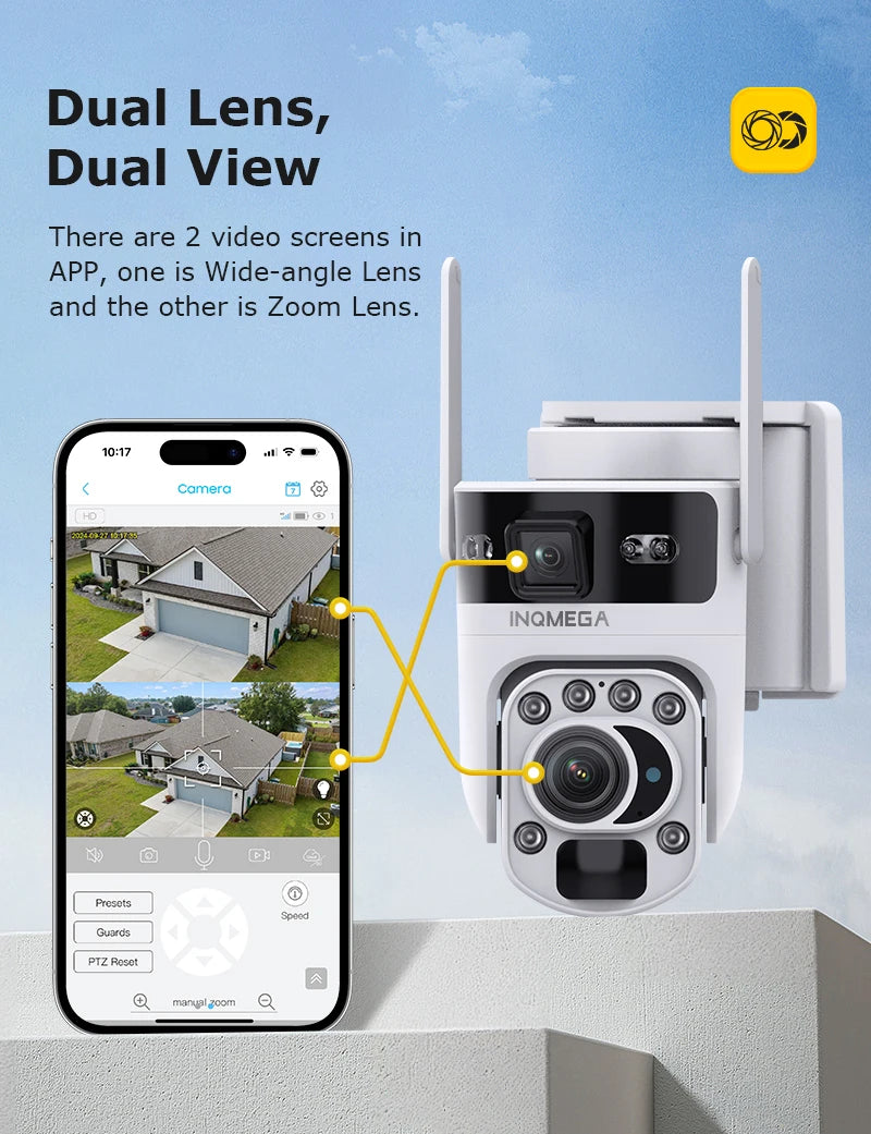 INQMEGA 12MP 60X Optical Zoom 4G/WiFi Solar Camera Dual Screen PTZ PIR Detection Auto Tracking CCTV Surveillance Cameras Ubox