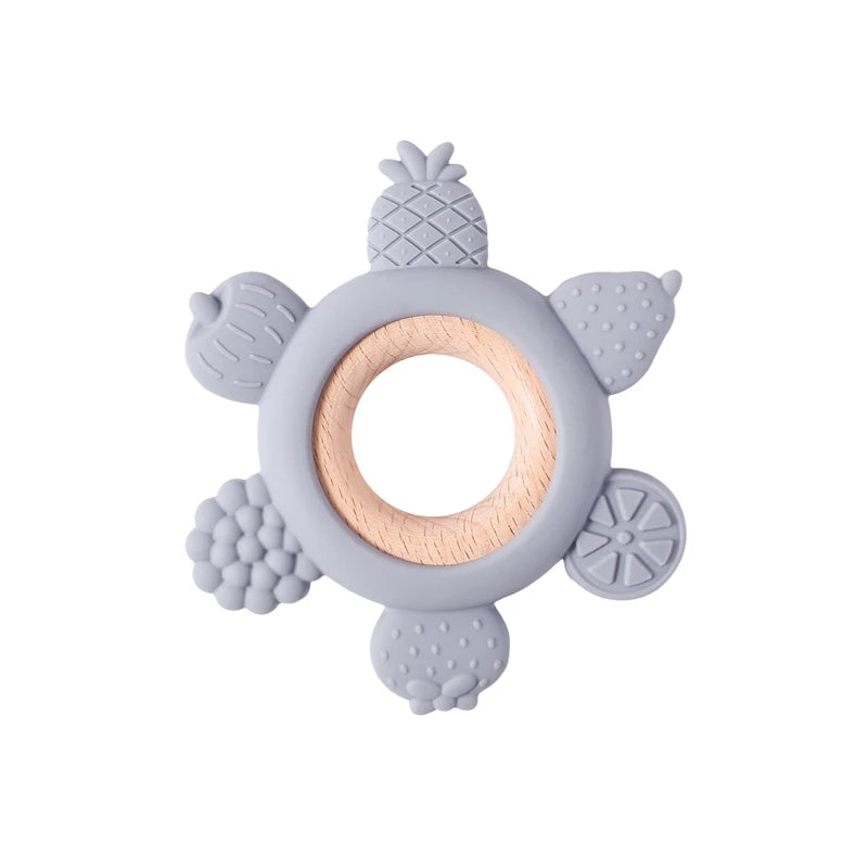 Grey silicone and wood baby teething ring toy for infant pain relief.
