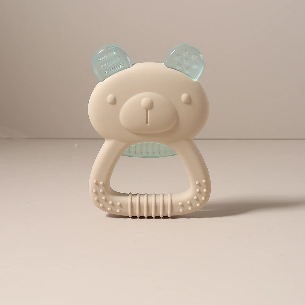 Beige and blue bear silicone baby teething toy for soothing sore gums.