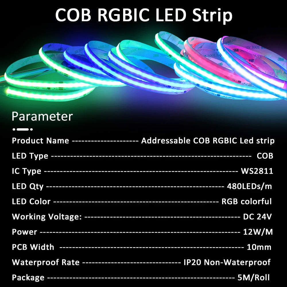 WS2811 COB RGBIC LED Strip DC24V 5M 10M 20M 30M RGB IC Horse Running Water Flowing Lights Tape Diode Ribbon Room Decoration Lamp