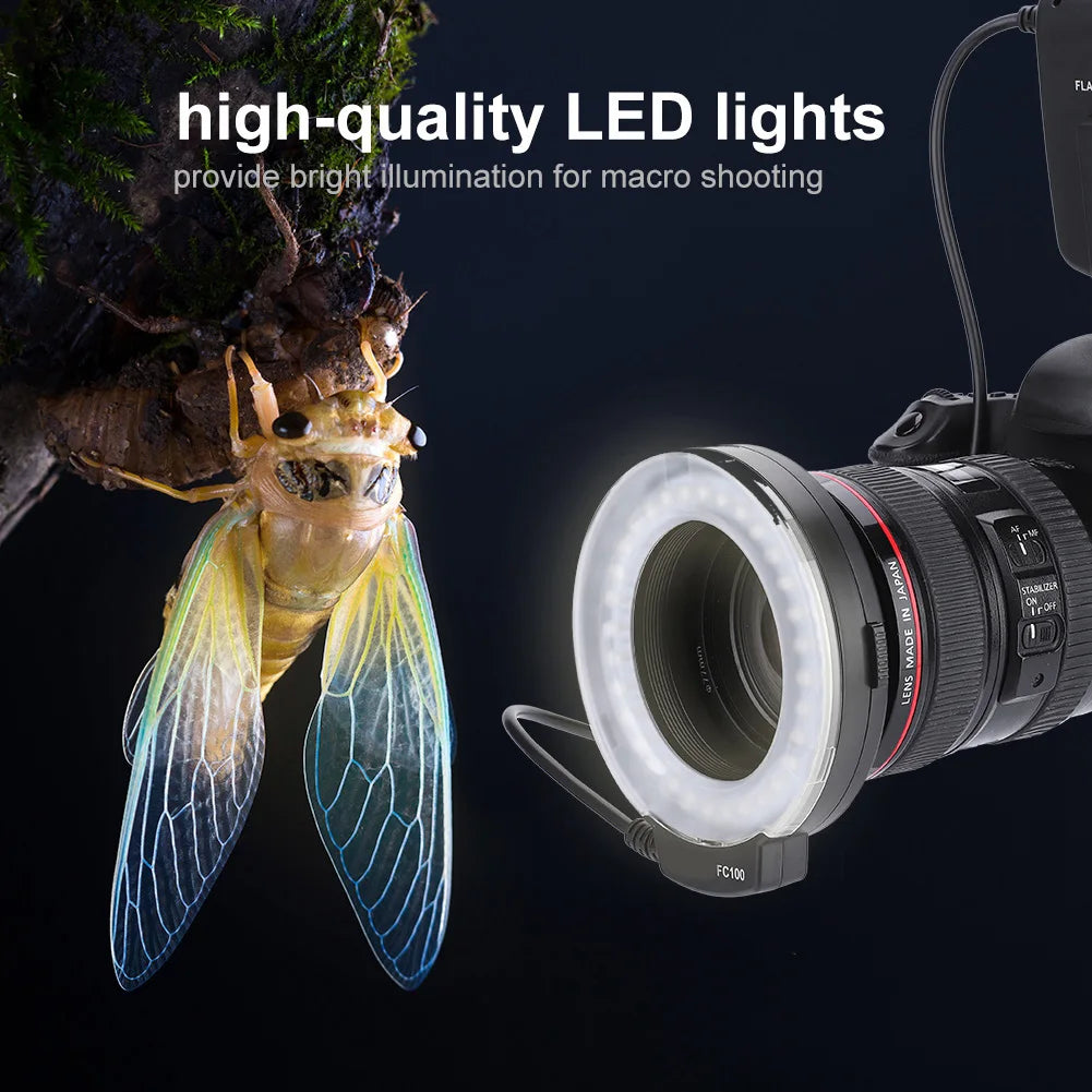 LED ring light attached to a camera lens for bright, shadowless illumination during macro photography.
