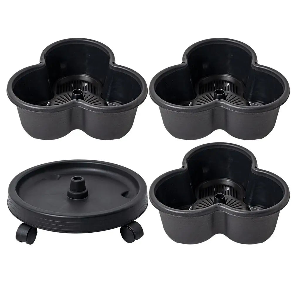 Set of four dark flower-shaped planter cups with central drain and matching lid