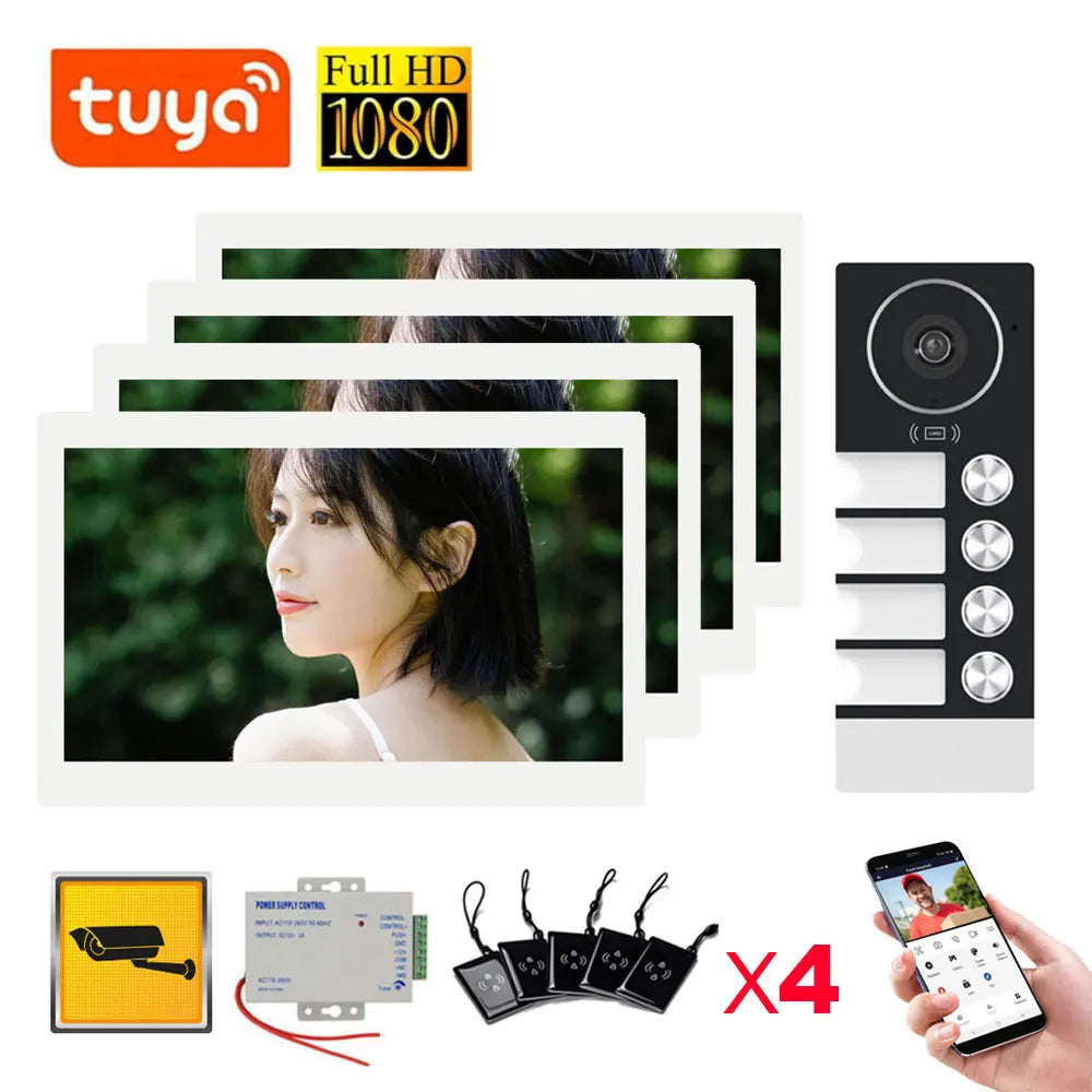 WiFi video doorbell intercom kit x4: black outdoor panel with camera and buttons
