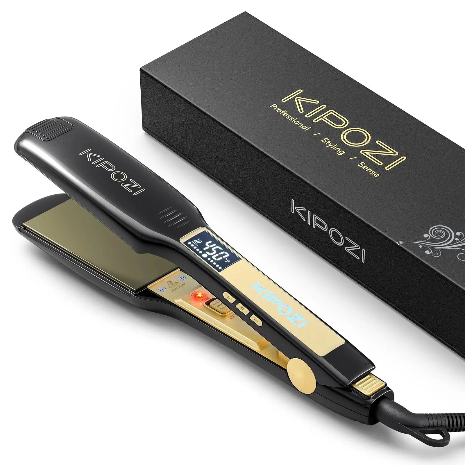 KIPOZI professional titanium flat iron hair straightener in black and gold with digital LCD display and gift box.