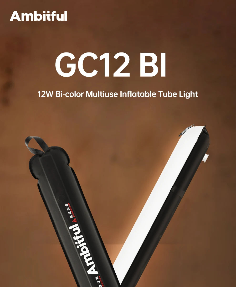 GC12 BI 12W bi-color inflatable tube light. A flexible, portable black and white LED stick for lighting.