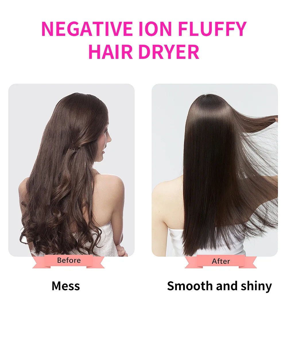 Before and after results using a negative ion hair dryer brush for smooth, straight, and shiny hair styling.