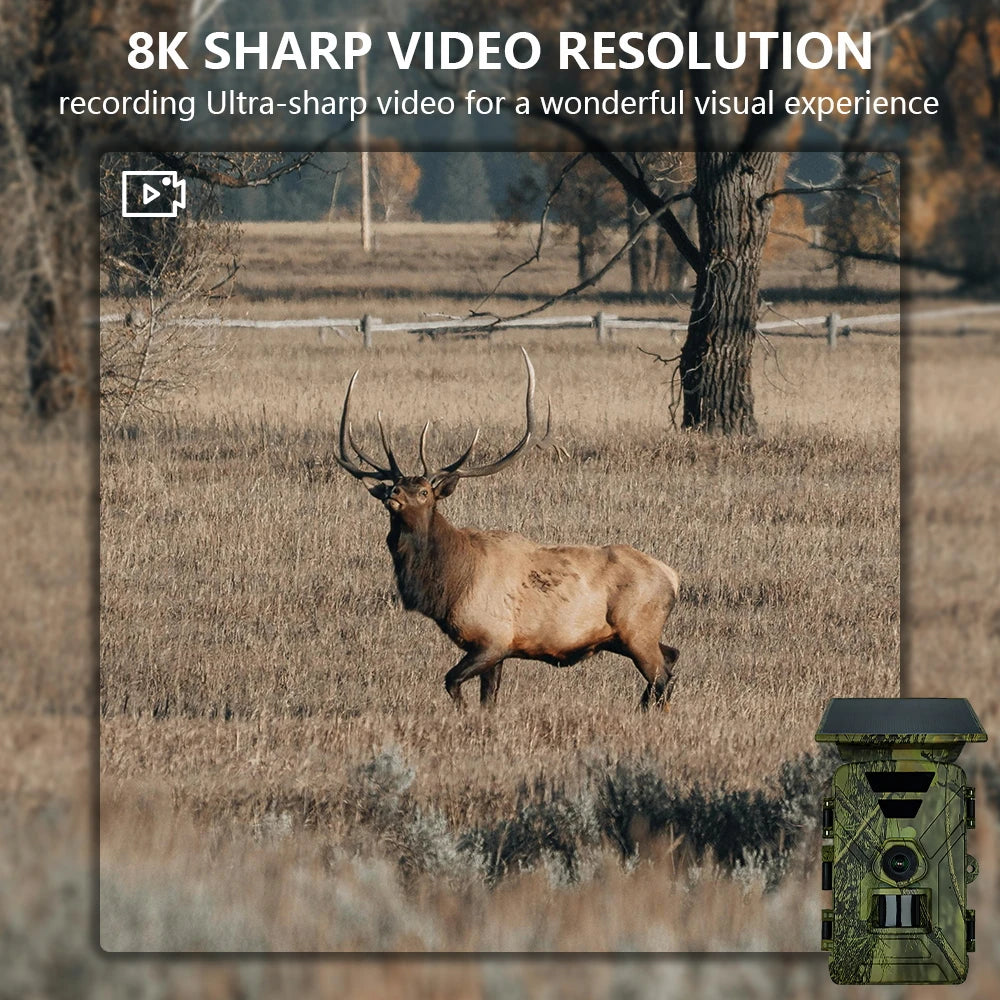 8K 60MP Solar Trail Camera with WiFi, 32GB SD Card, Phone App Control, Night Vision Motion Activated Wildlife Camera