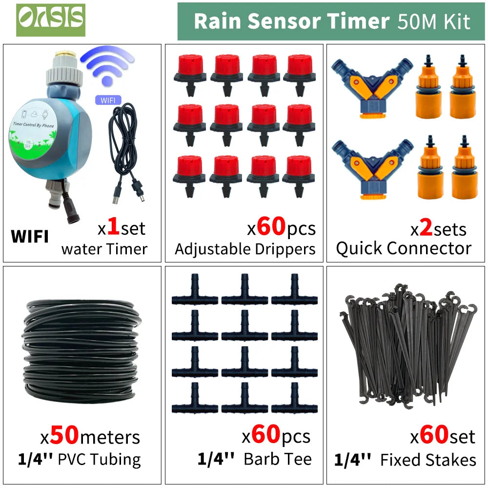 OASIS 50M-5M DIY Drip Irrigation System Automatic Watering Garden Hose Micro Drip Watering Kits with Adjustable Drippers