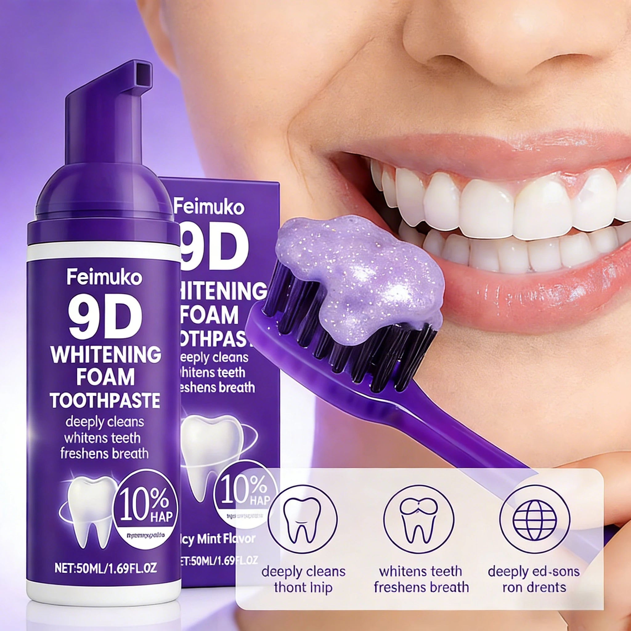 Tidesmit 9D Purple Tooth Mousse Whitening Foam Toothpaste with 10% Hydroxyapatite for Stain Removal