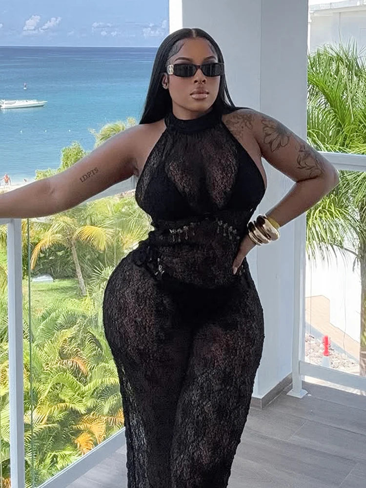 Weird Puss Mesh See Through Sexy Backless Maxi Dress Women Button Halter Sleeveless Midnight Trend Club Party Peach Hip Vestidos