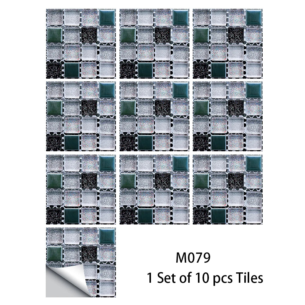 10pcs Flat Mosaic Style Tiles Sticker Kitchen Bathroom Waterproof & Oilproof Art Wall Sticker Peel & Stick Surface Glossy Film