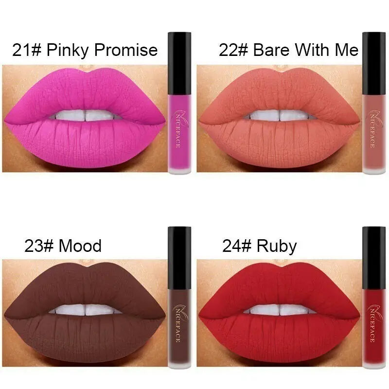 4 shades of Niceface waterproof matte liquid lipstick showing vibrant pink, nude, brown, and red lip makeup swatches.