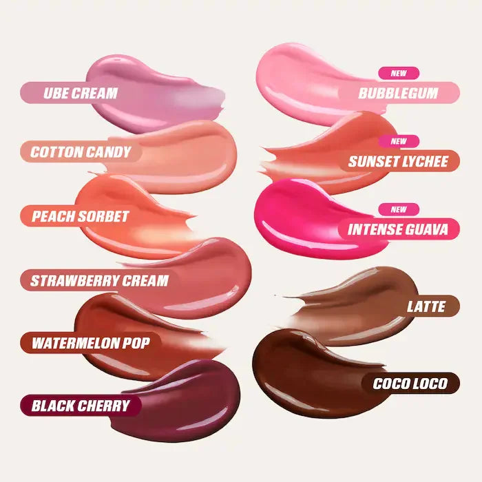 Hydrating lip and cheek tint swatches in various shades from light pink to deep brown, showing creamy, glossy textures.