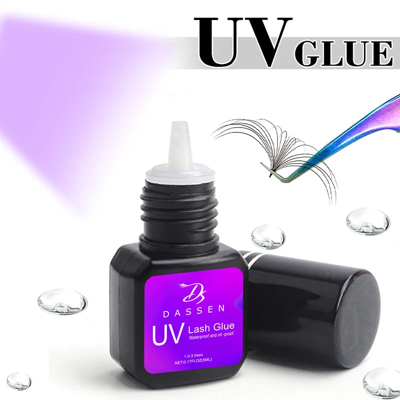Dassen 5ml UV eyelash extension glue in a black bottle with purple label, featuring fast-drying liquid adhesive.
