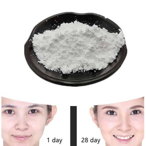 Anti-aging NMN powder supplement on black plate with 28-day skin transformation before and after results.