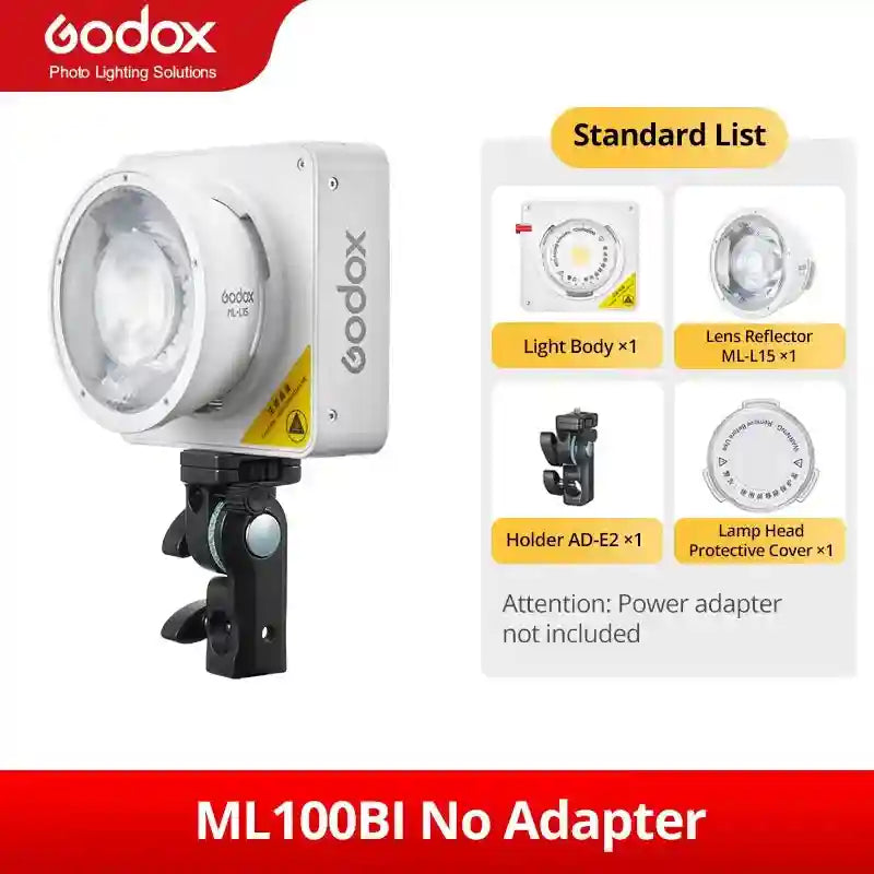 ML100BI LED video light kit with white square light body, lens reflector, adjustable holder, and protective cover.