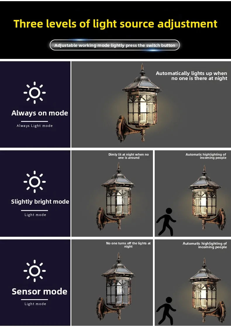 Outdoor Solar Wall Light for Courtyard, Corridor & Passageway - Motion Sensor, European Retro Style, Waterproof