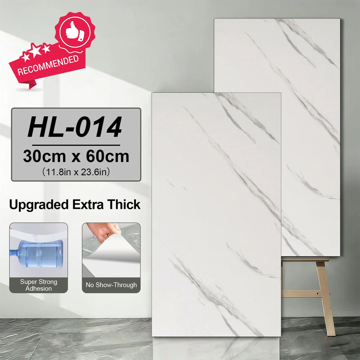 Self-adhesive marble tile sticker, white with long soft gray streaks, 30x60cm