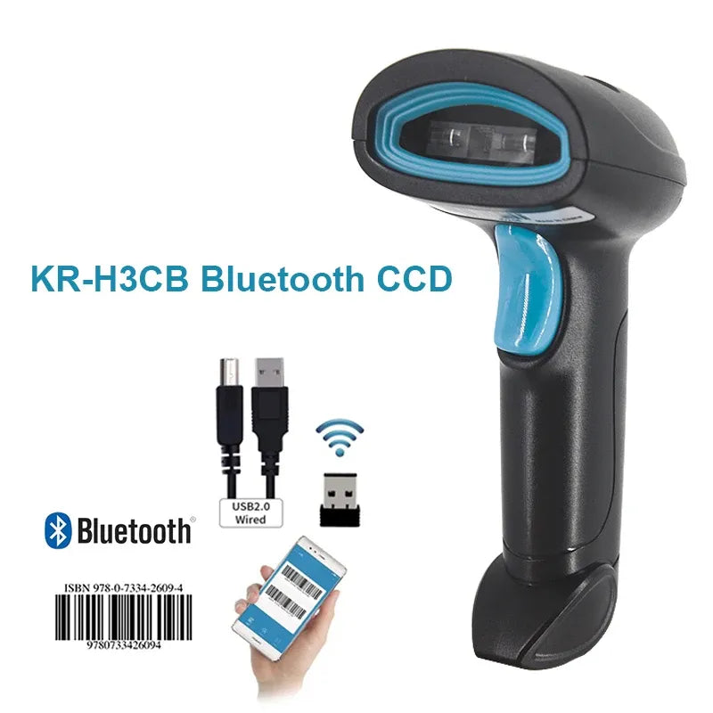 Black Bluetooth CCD handheld barcode scanner with blue accents and scan window