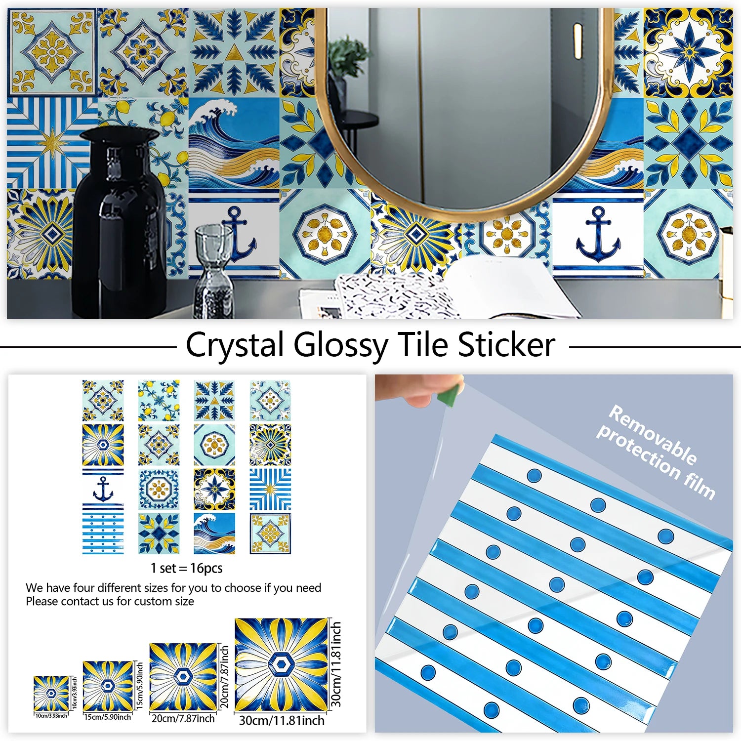 16pcs Portuguese Azulejo Tile Decals - Blue Yellow Floral Geometric Self-Adhesive Wall Stickers for Home Decor