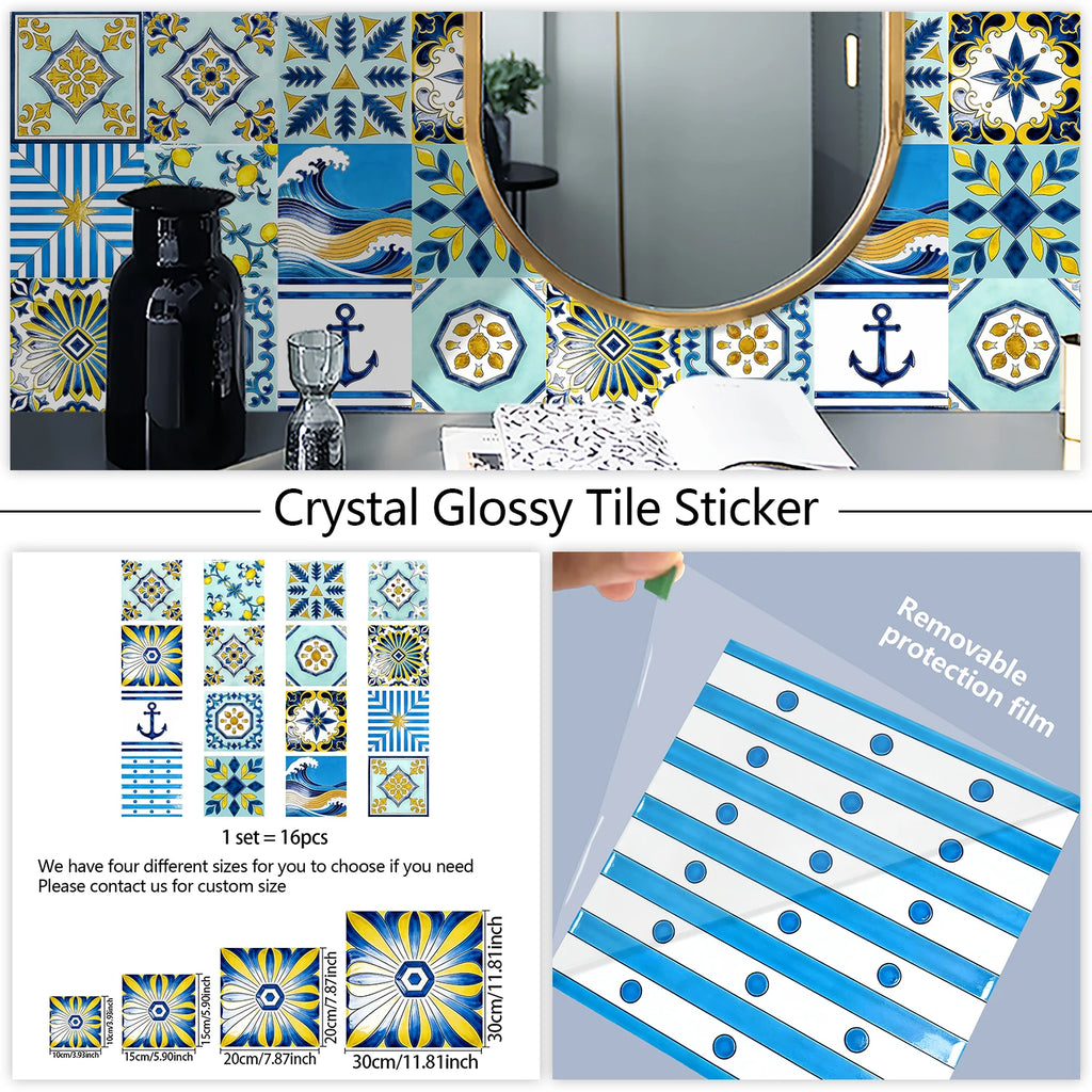 16pcs Portuguese Azulejo Tile Decals - Blue Yellow Floral Geometric Self-Adhesive Wall Stickers for Home Decor