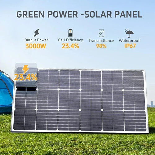 Large rectangular black solar panel in a grassy field with infographics listing 3000W output and IP67 waterproof rating.
