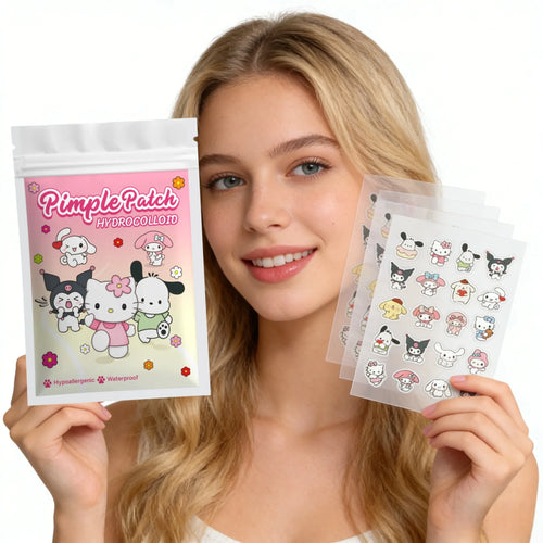 Face acne sticker set held near skin, showing multiple small patch sheets.