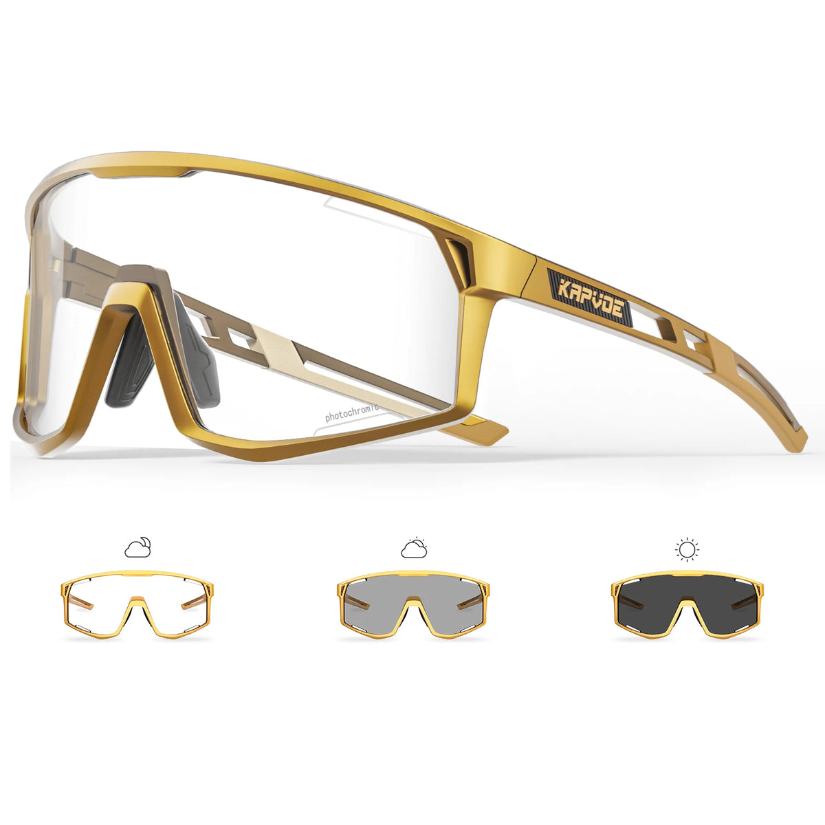 Cycling photochromic sunglasses, gold frame, light tan photochromic lenses