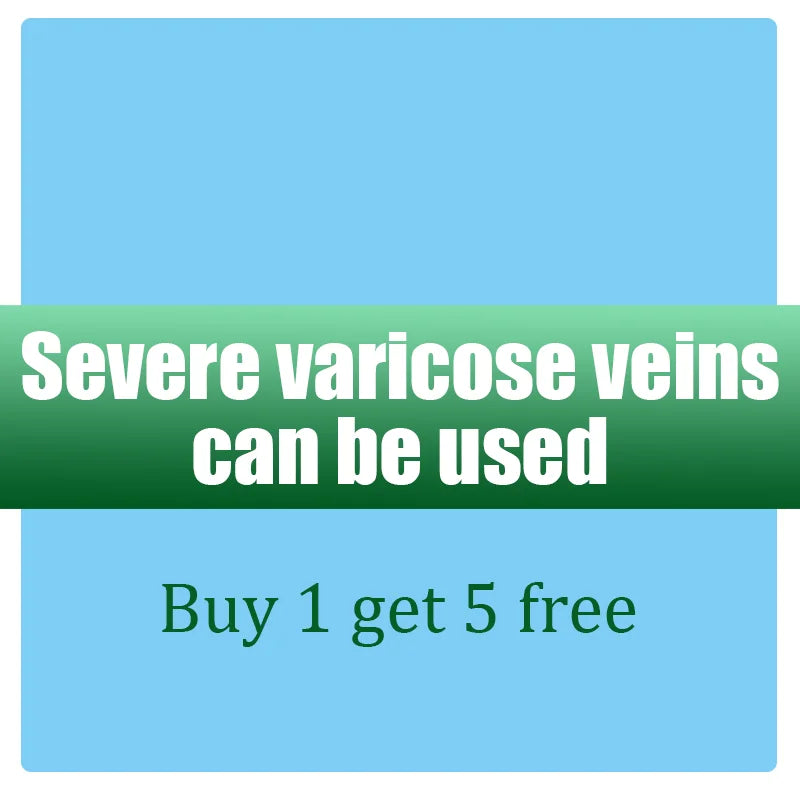 Blue and green promotional graphic for severe varicose veins laser treatment offering buy one get five free deal.