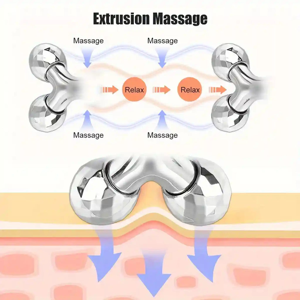 Silver Y-shaped 3D facial massager with multi-faceted rotating rollers shown in an extrusion massage diagram.