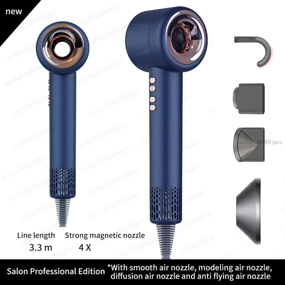 Blue leafless negative ion hair dryer with 4 magnetic styling attachments for professional salon-quality hair care.