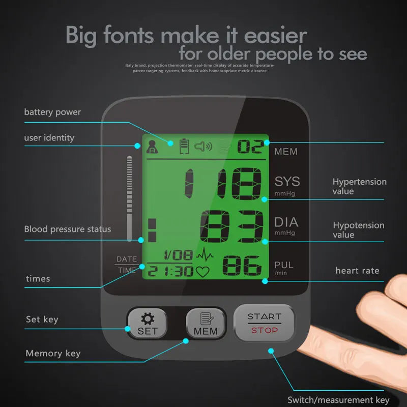 JYHealth Medical Digital Upper Arm Tensiometers BP Blood Pressure Monitor Heart Rate Meter Large Cuff Sphygmomanometer Tonometer