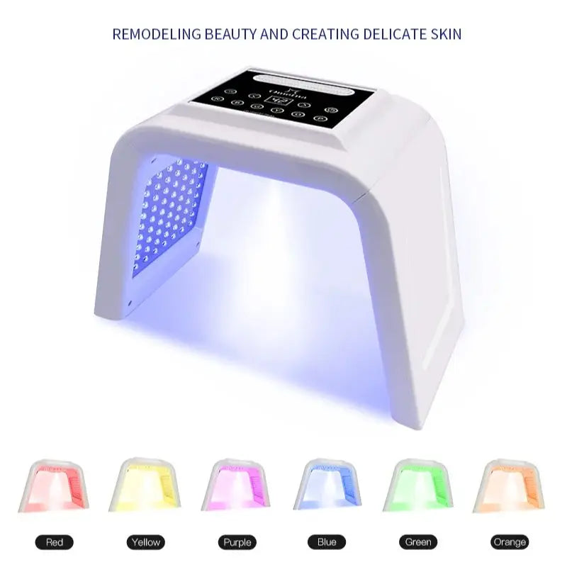 White 7-color PDT LED light therapy facial mask machine for home acne, anti-wrinkle, and skin rejuvenation treatment.