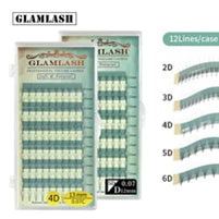 Tray of 12 lines of black eyelash extension fans in various volumes (2D-6D), 0.07mm thickness, for professional use.