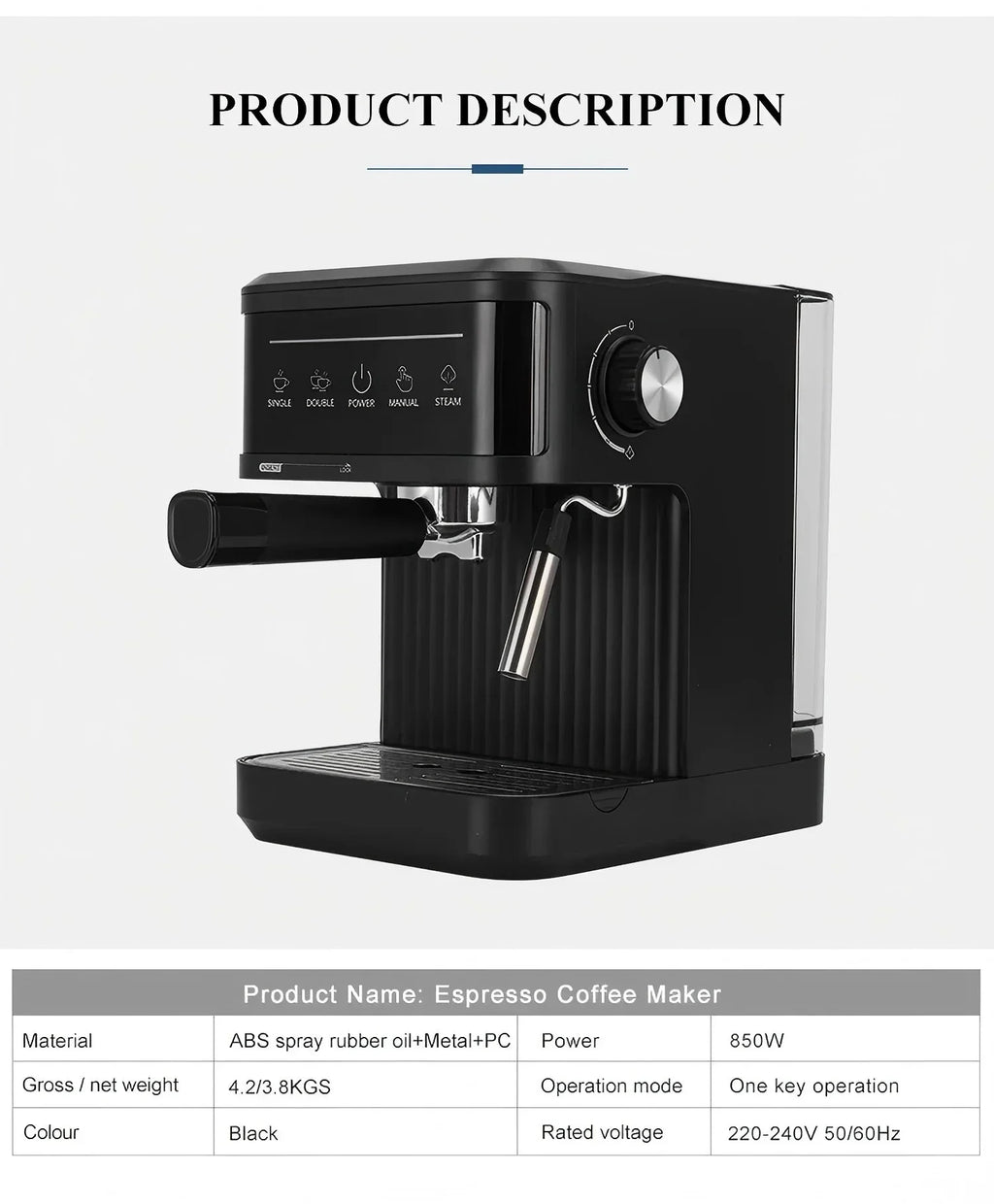 Black 850W espresso coffee maker with steam wand, portafilter, and one-key operation, made from metal and ABS plastic.