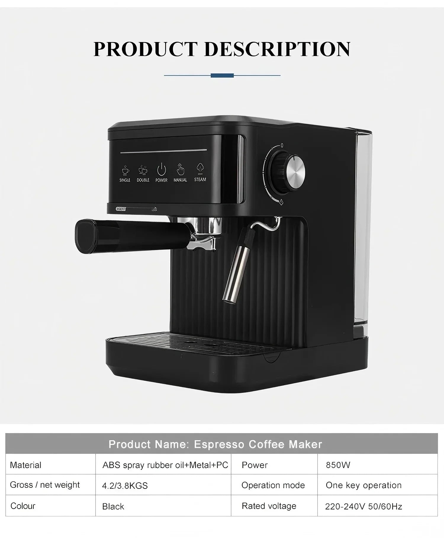 Black 850W espresso coffee maker with steam wand, portafilter, and one-key operation, made from metal and ABS plastic.