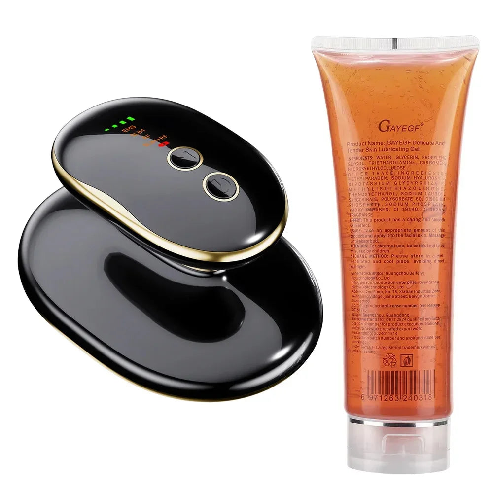 4-in-1 cordless EMS RF body slimming massager and cellulite remover with gold trim and lubricating gel tube.