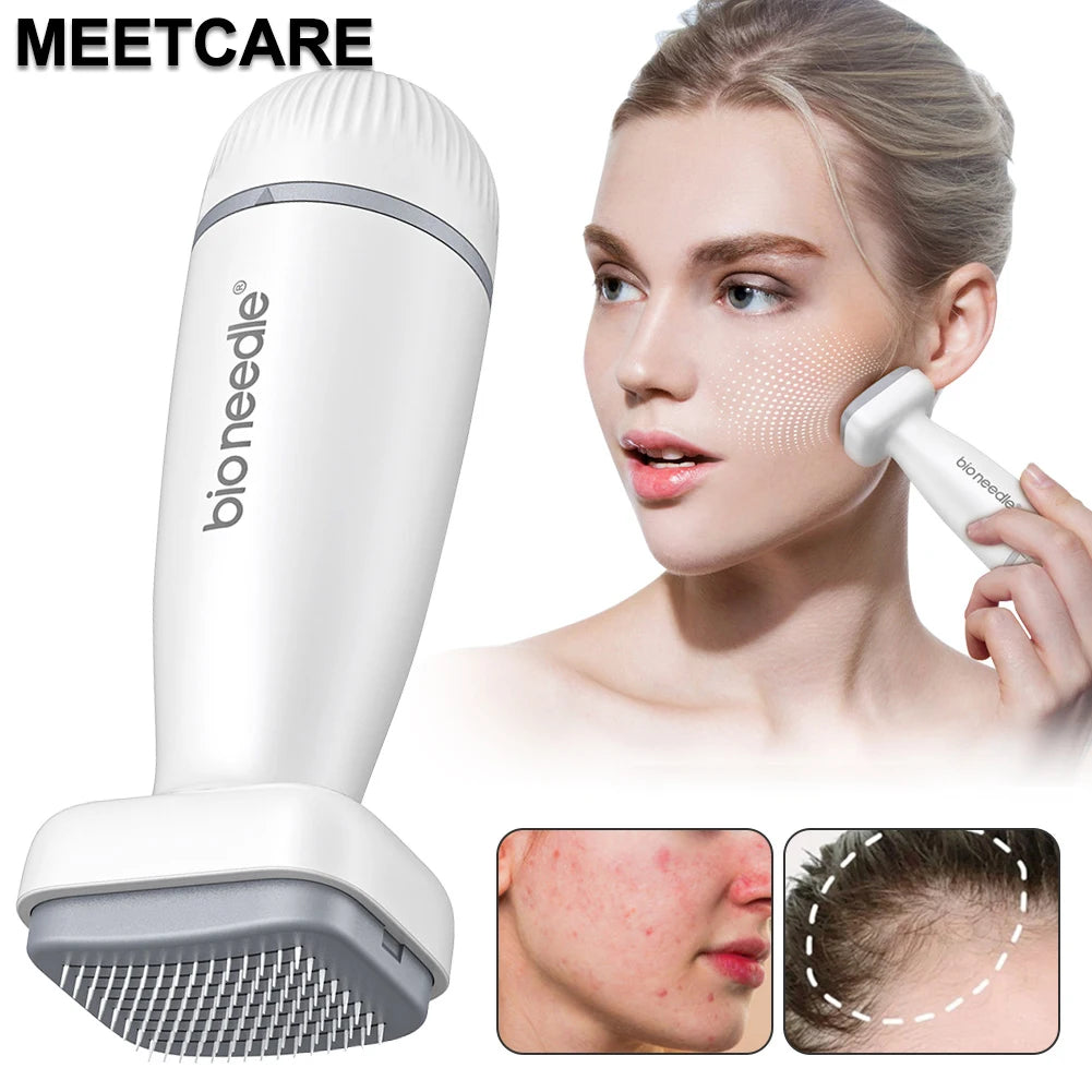 White BIO 120 adjustable microneedle derma stamp for facial skin care, beard growth, and hair loss treatment.