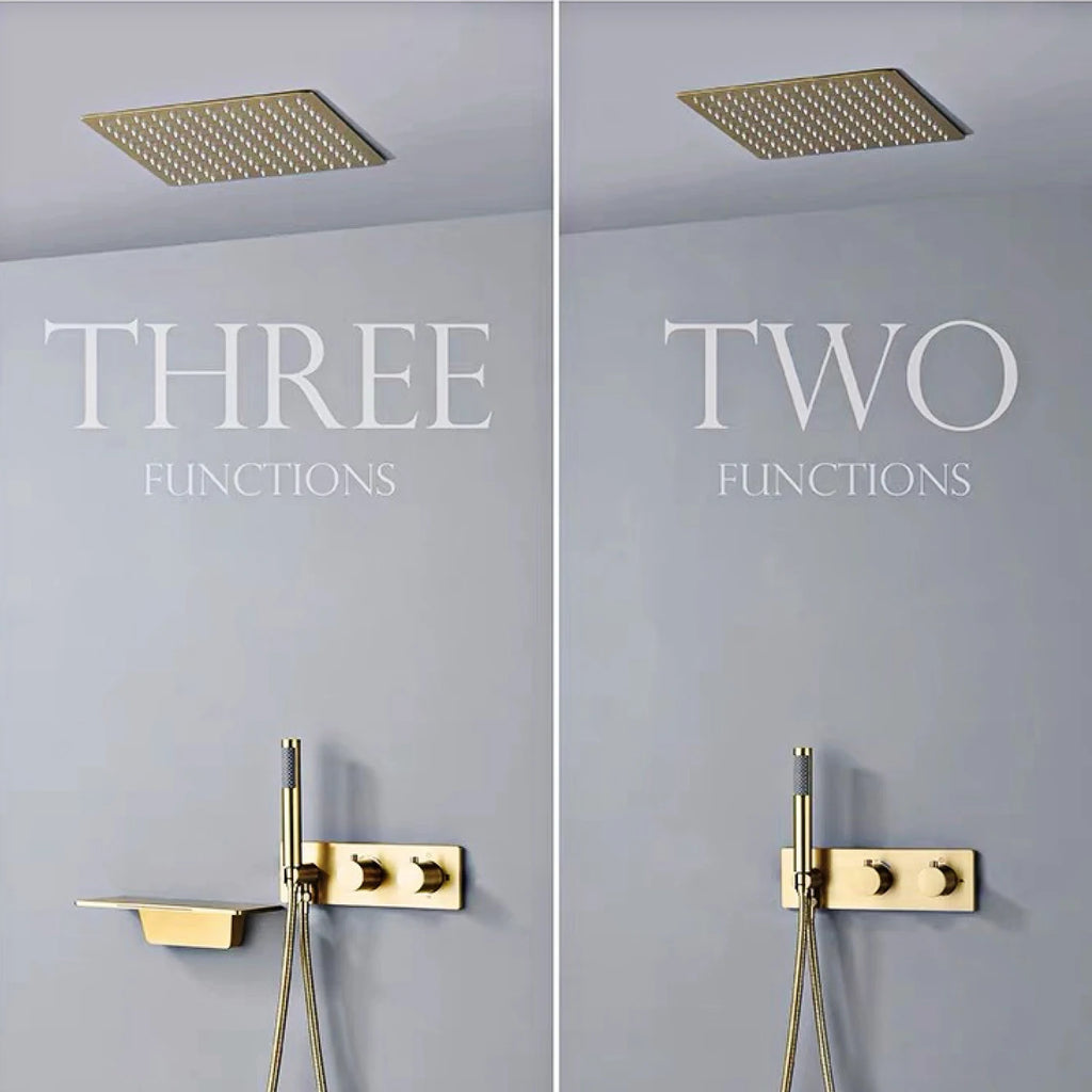 Modern Black Brass Bathroom Thermostatic Ceiling Type Shower System Wall-Mounted 3-Function Waterfall Tap for Cold & Hot Wate