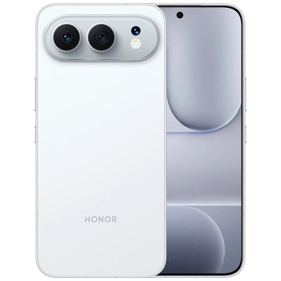 White HONOR 500 5G smartphone showing front screen and triple-lens 200MP camera system, 6.55-inch display view.