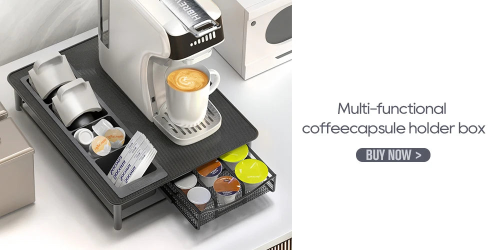 Black metal Hibrew coffee capsule holder drawer and organizer stand with a coffee machine on top.