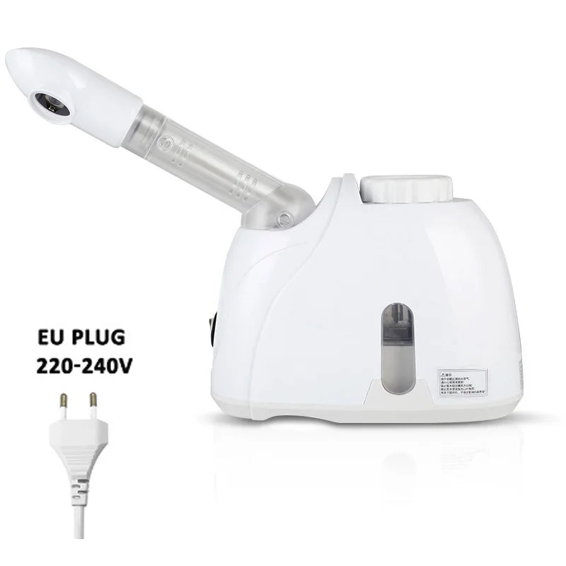 White nano facial steamer machine for hot spa, pore cleaning, and humidifying, with EU plug and adjustable spray nozzle.
