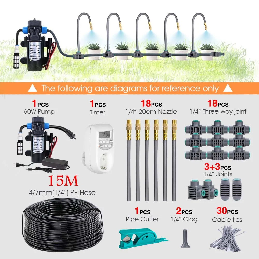 15-5M 1/4” Hose Adjustable 360° Flexible Brass Mist Nozzle Garden Irrigation Pump Sprinkler Kit Quick Link Spray Cooling System