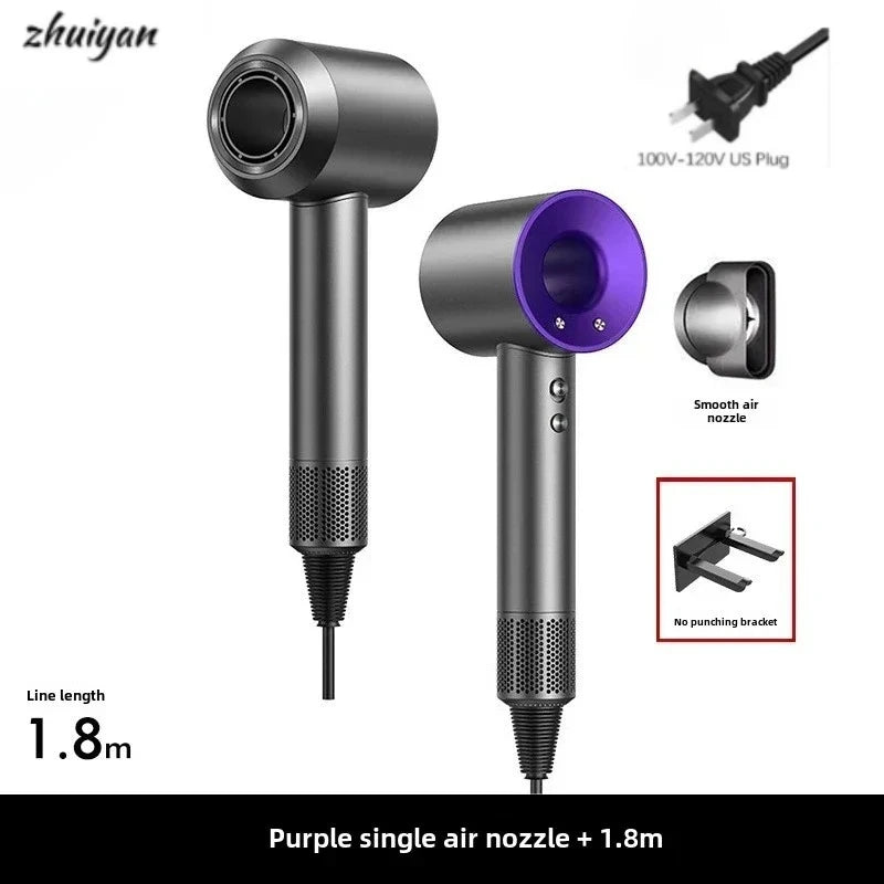 Gray professional leafless hair dryer with purple accent, nozzle attachment, and wall-mount bracket for salon or home.