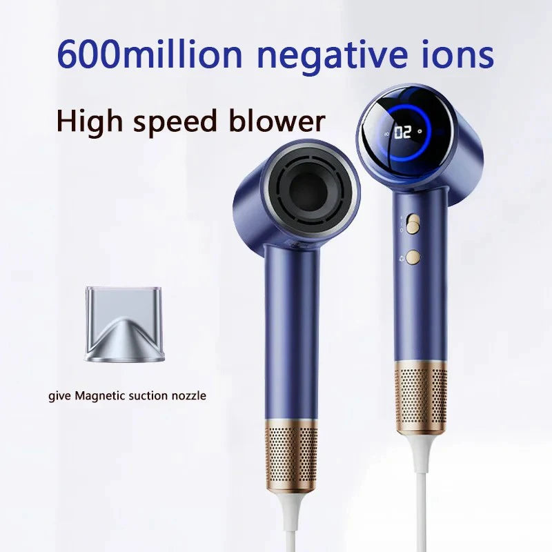 Blue high-speed ionic hair dryer with LED display, 1600W power, and magnetic nozzle attachment for salon-style drying.