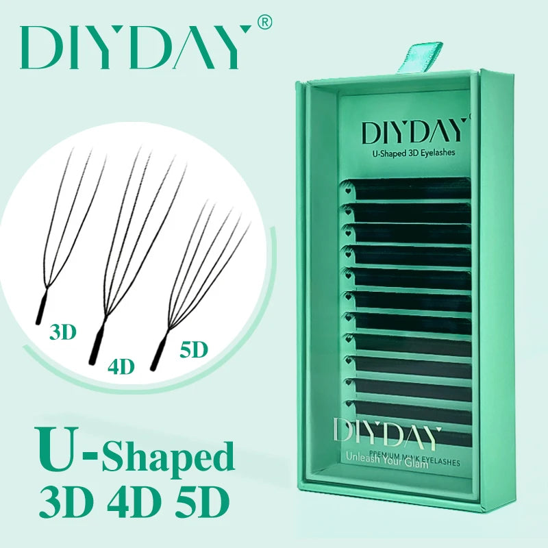 DIYDAY U-shaped, premade eyelash extension fans in a light green box. Includes 3D, 4D, and 5D lash style diagrams.