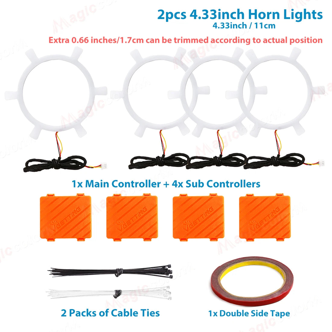 4.33-inch white circular horn lights with wiring, four orange controller boxes, cable ties, and double-sided tape.