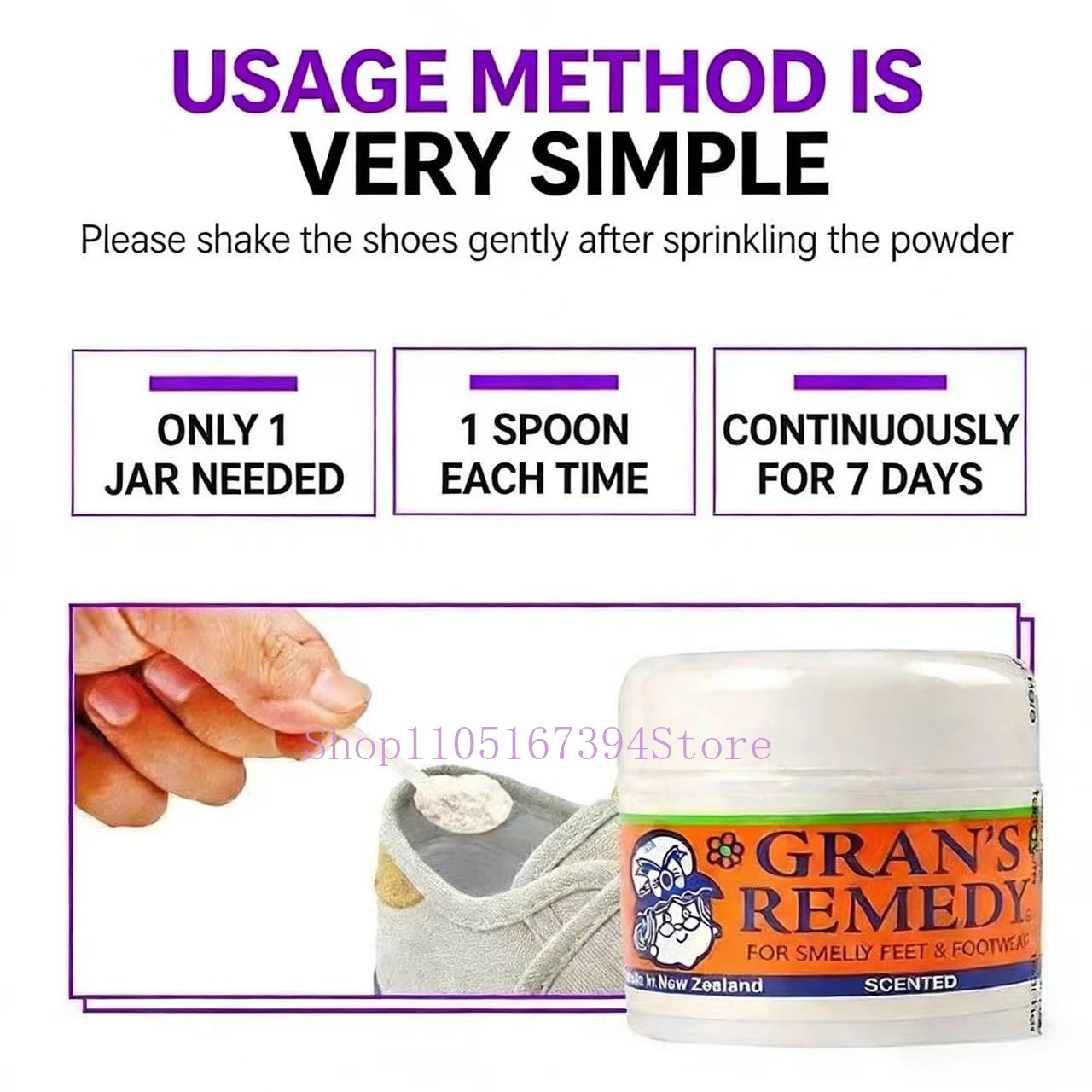 Gran's Remedy foot powder jar with fine white deodorizer powder being sprinkled into a shoe using a small white spoon.
