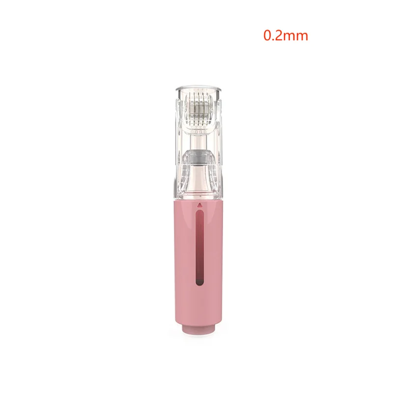 Pink 0.2mm derma roller with a clear cap, titanium micro needles, and a serum applicator reservoir.