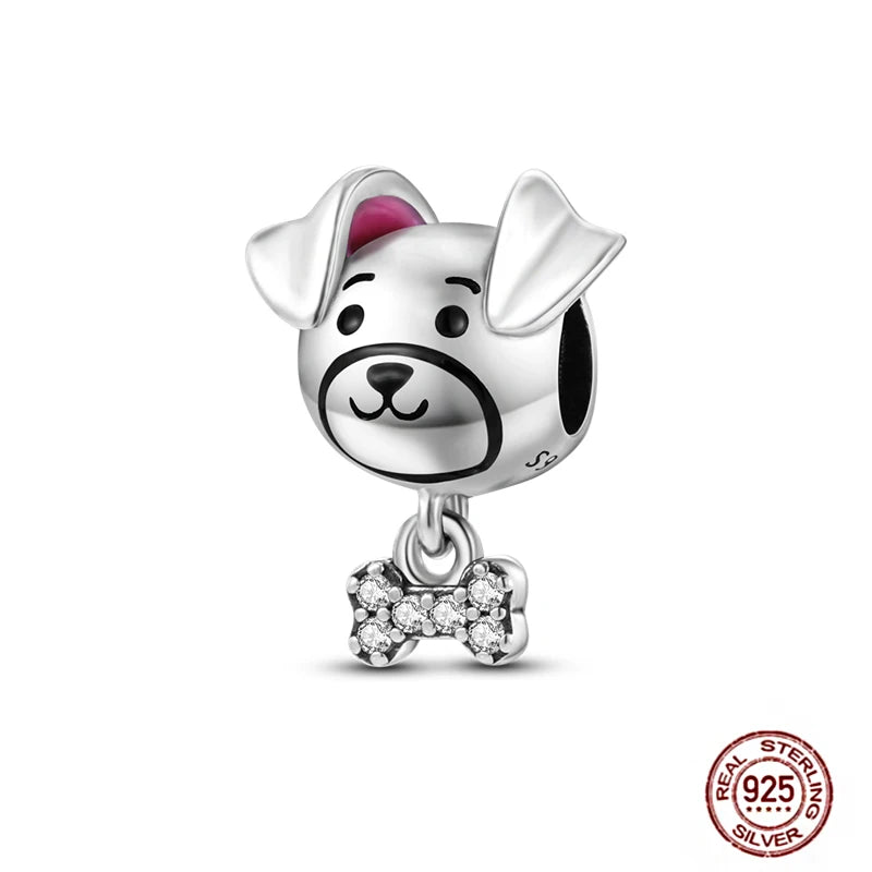 Cute 925 sterling silver puppy dog charm with diamond bone pendant for DIY bracelets and pet-themed jewelry.